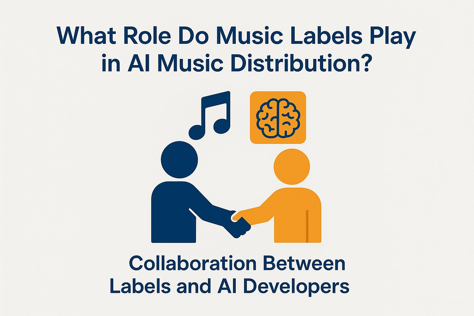 Collaboration between music labels and AI developers in AI music distribution, featuring icons of a handshake, music note, and brain symbol.
