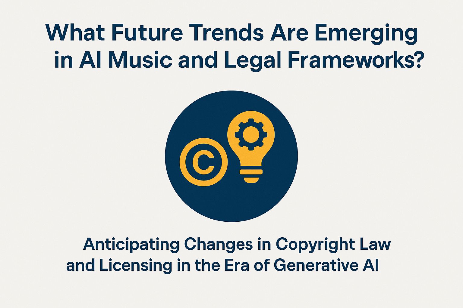 Image featuring a graphic with the title "What Future Trends Are Emerging in AI Music and Legal Frameworks?" alongside icons representing copyright and innovation, emphasizing changes in copyright law and licensing for AI-generated music.