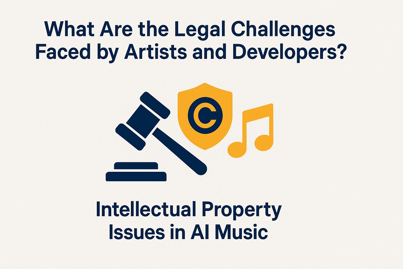 Legal challenges in AI music, gavel symbolizing copyright issues, shield icon representing intellectual property, music notes, and title text on legal implications for artists and developers.