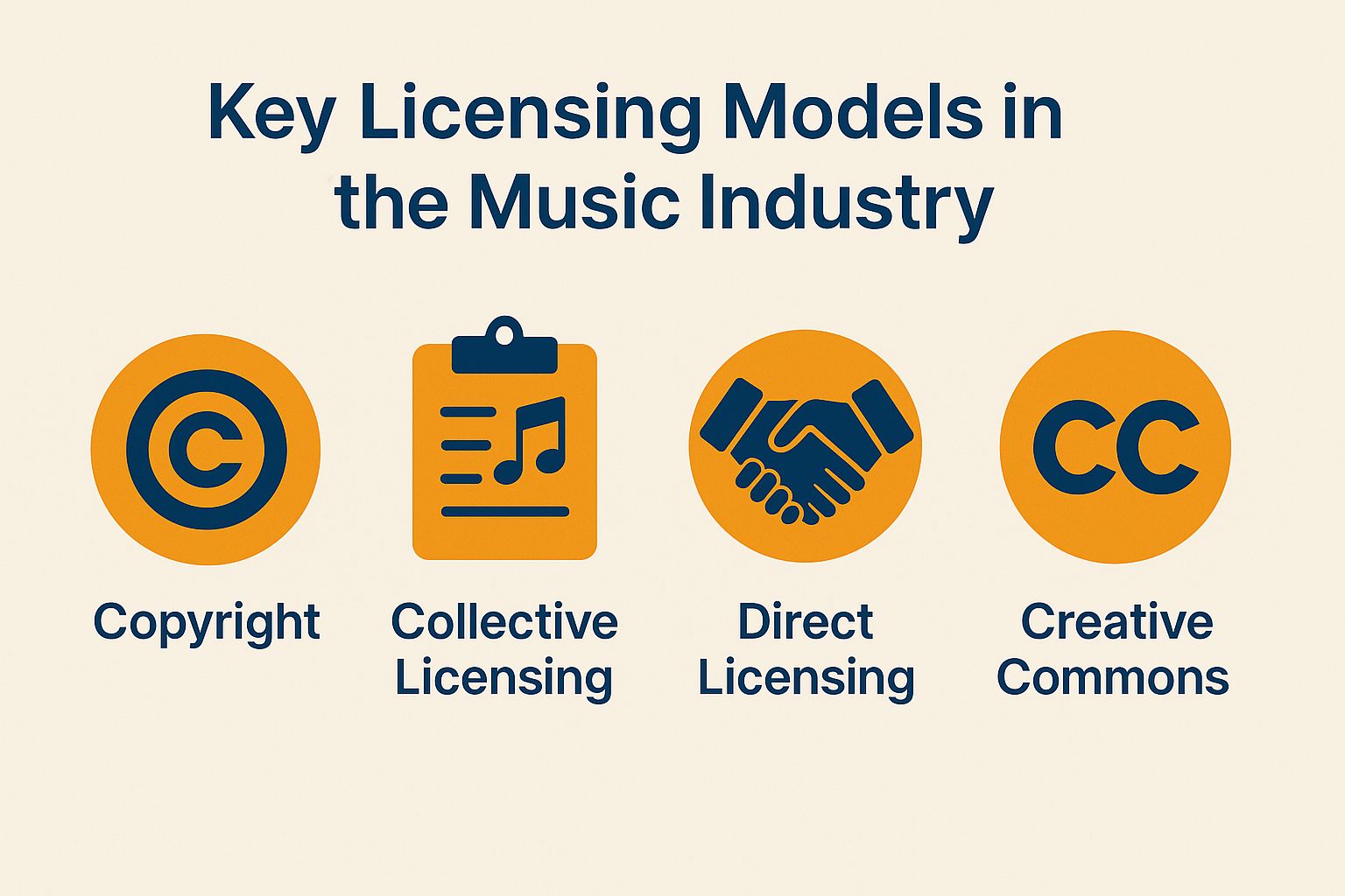 Key licensing models in the music industry including copyright, collective licensing, direct licensing, and Creative Commons, highlighting legal frameworks for AI-generated music.