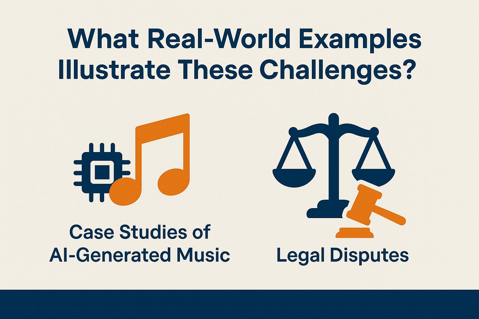 Case studies of AI-generated music and legal disputes, featuring icons of a music note, circuit board, scales of justice, and a gavel, illustrating copyright challenges in the music industry.