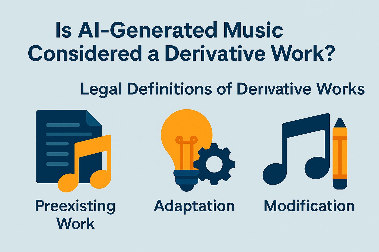 AI-generated music concepts with icons representing preexisting work, adaptation, and modification, emphasizing legal definitions of derivative works.