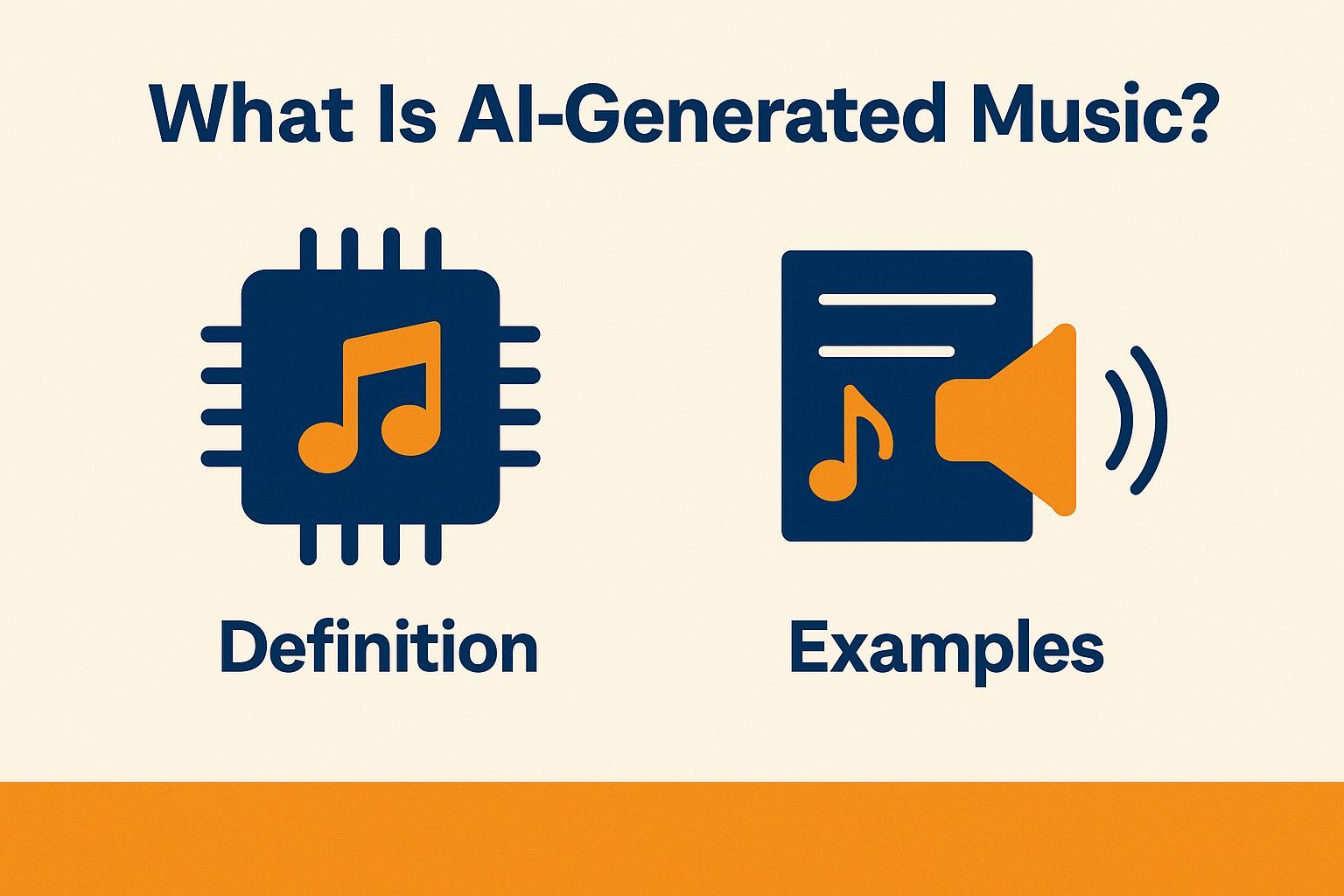 Illustration depicting AI-generated music concepts with a music note and microchip symbol for "Definition" and a music note with sound waves for "Examples," emphasizing the intersection of technology and music production.