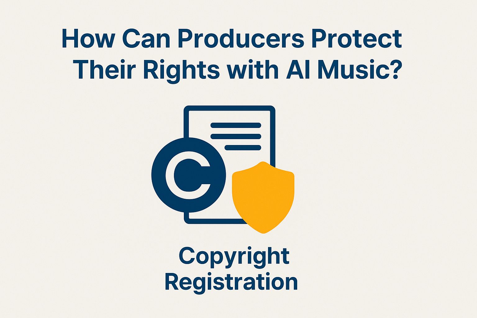 Graphic illustrating copyright registration for AI music, featuring a copyright symbol, a shield, and a document, with text "How Can Producers Protect Their Rights with AI Music?" and "Copyright Registration."