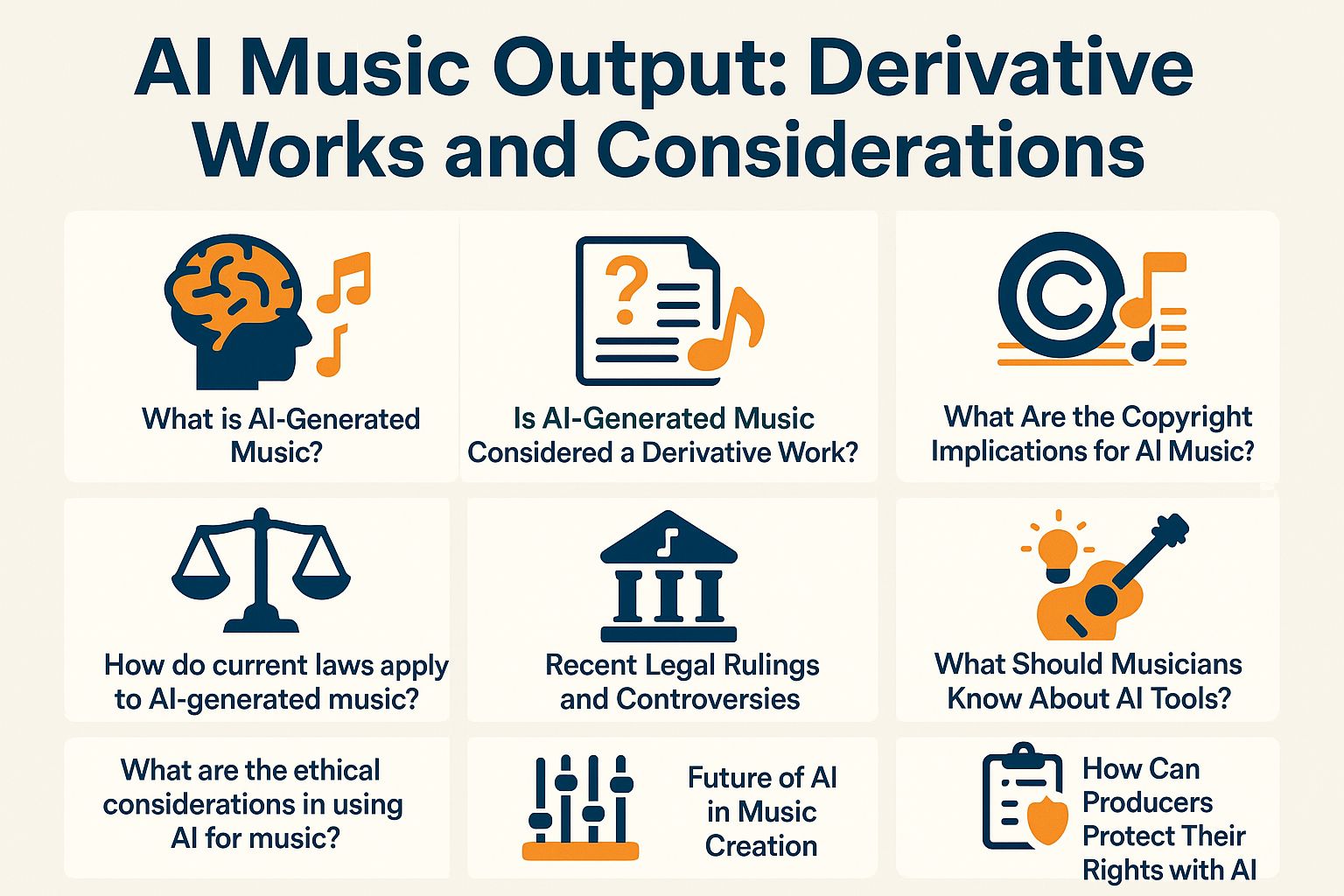 AI music output infographic highlighting derivative works and considerations, featuring topics like AI-generated music, copyright implications, current laws, ethical considerations, and future trends in music creation.