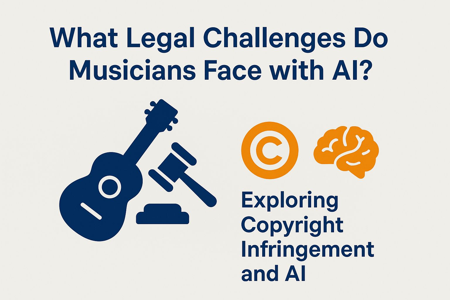 Guitar and gavel icons with copyright symbol and brain graphic, illustrating legal challenges musicians face with AI and copyright infringement.