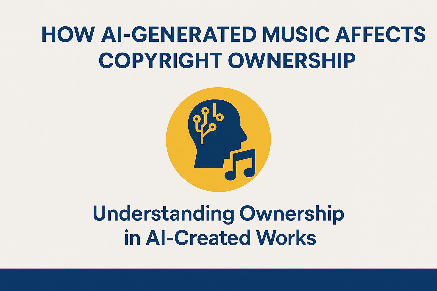 AI-generated music copyright ownership graphic, featuring a profile silhouette with circuitry and musical notes, emphasizing the impact of AI on music rights and ownership understanding.