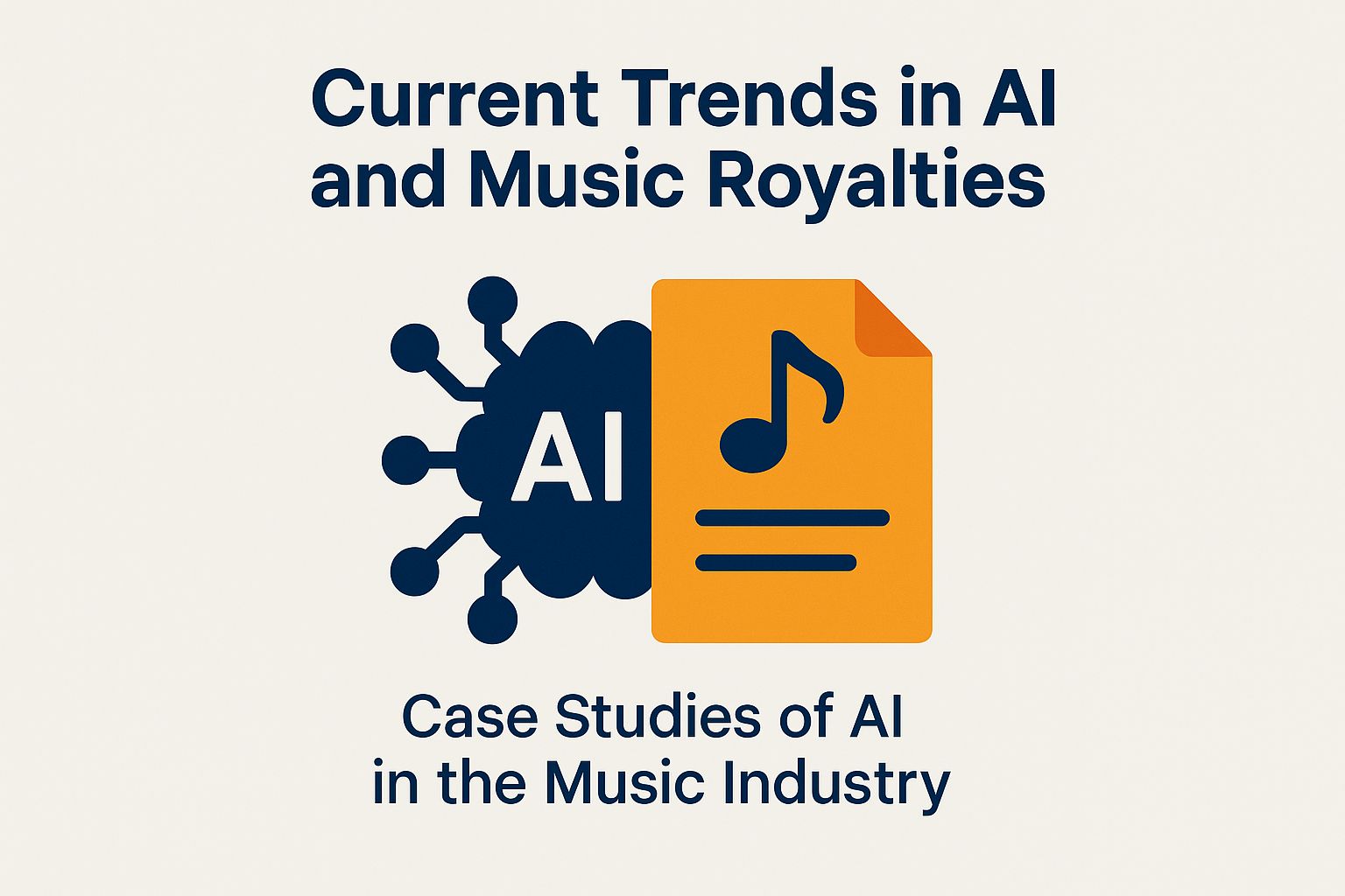 Current trends in AI and music royalties, featuring AI symbol and music note document, highlighting case studies in the music industry.