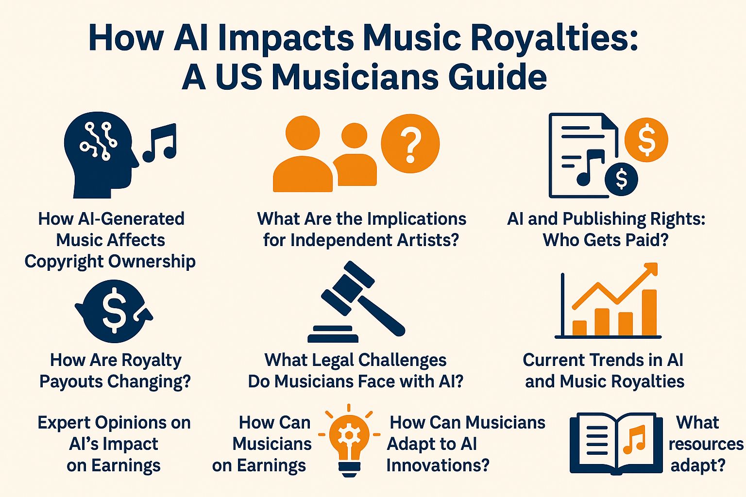 How AI impacts music royalties with key topics including copyright ownership, implications for independent artists, changing royalty payouts, legal challenges, and adapting to AI innovations.