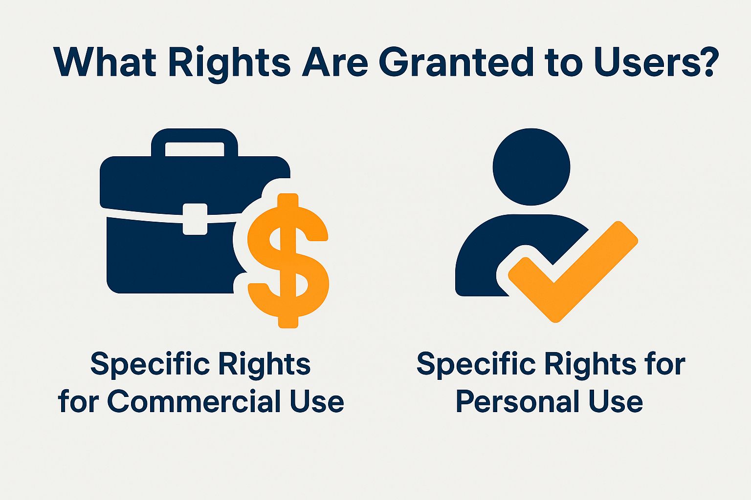 Graphic illustrating user rights in the Soundverse licensing model, featuring icons for commercial use (briefcase and dollar sign) and personal use (person with checkmark), emphasizing distinctions in licensing rights.