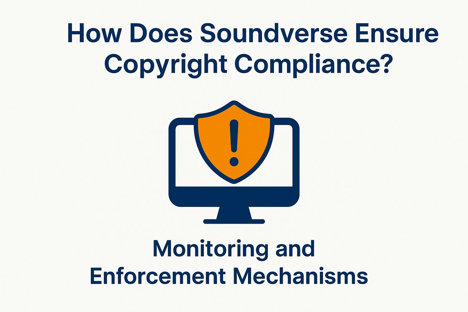 Graphic illustrating Soundverse's copyright compliance measures, featuring a computer screen with a shield and exclamation mark, emphasizing monitoring and enforcement mechanisms for music licensing.