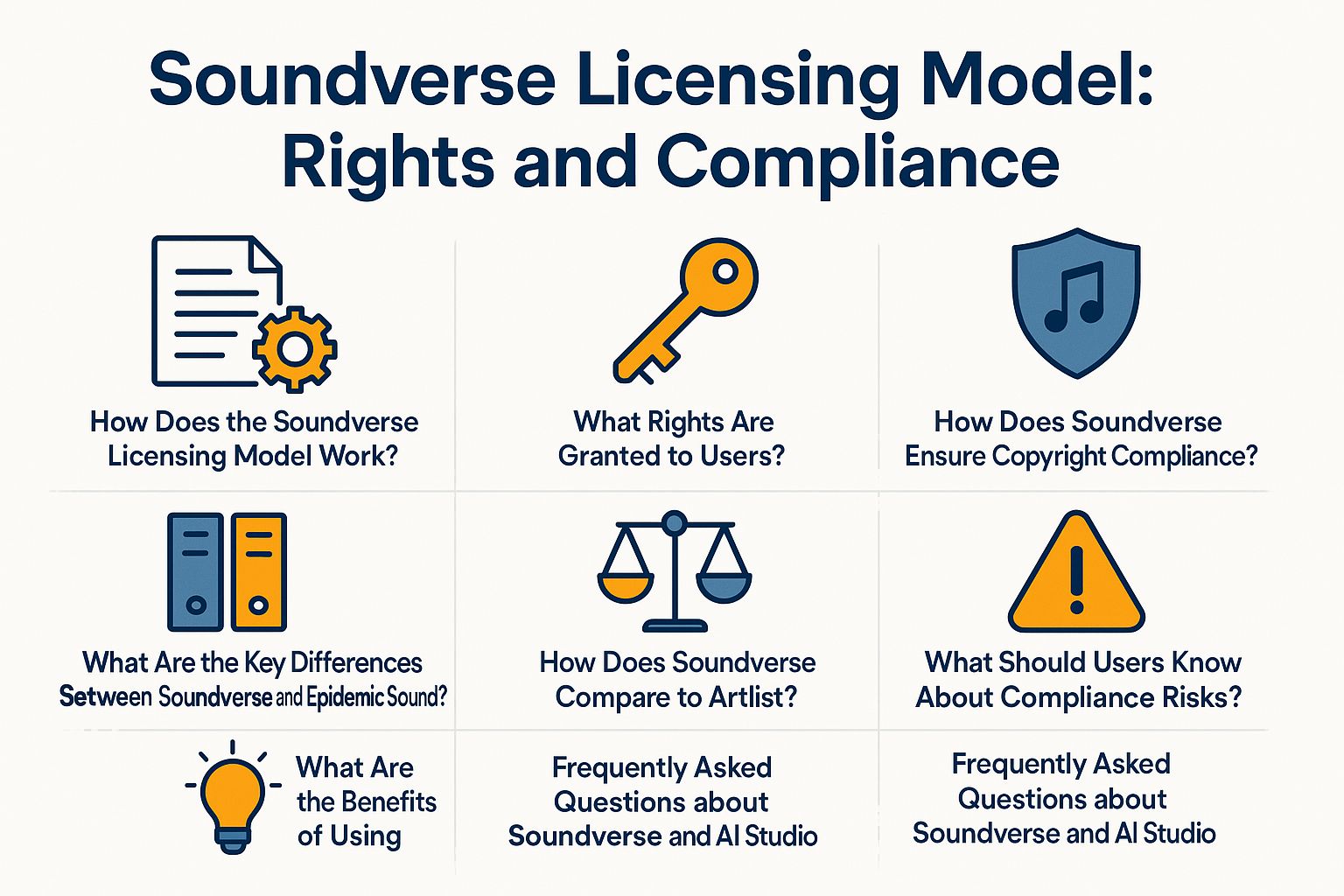 Soundverse licensing model infographic highlighting rights, compliance, and key differences with Epidemic Sound, featuring questions about usage benefits and copyright compliance.